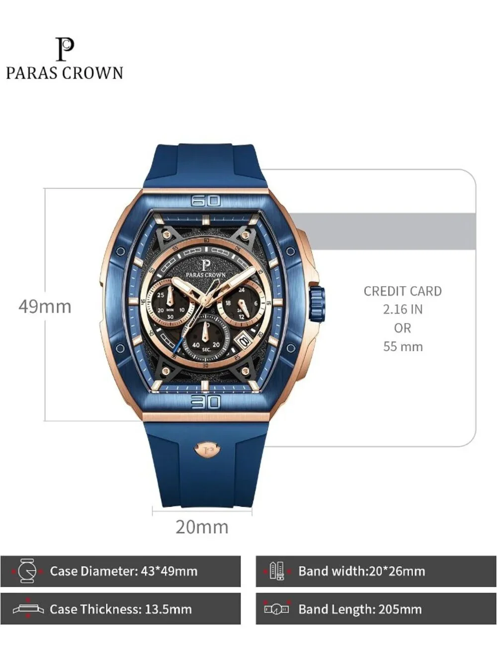 Men's Blue 5ATM Waterproof Quartz Luxury Chronograph Analog Wrist Watches